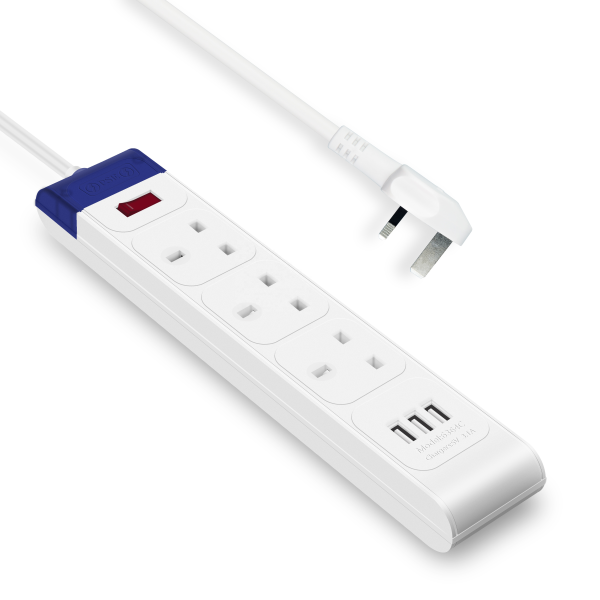 UK power strip 3ways Surge Protector Extension Lead 3 Outlets 3 USB Waterproof Outdoor Extension Lead Socket