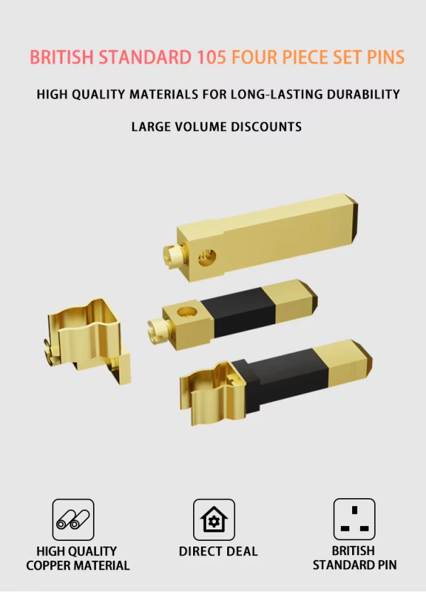 British Standard 105 Brass Full Copper Use On UK Type Power Supply Plug Four Piece Set Pins - 图片 2