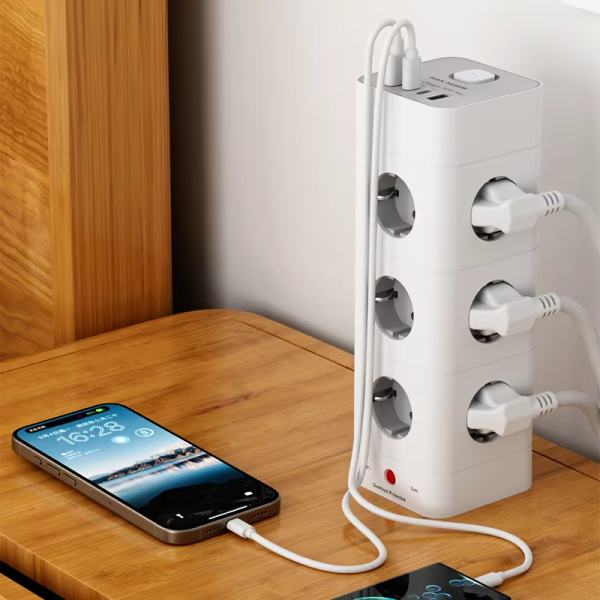 Smart 4 USB Tower Power Strip Surge Protector Vertical Multiple EU Sockets 4 Outlets Extension Cord with 1.8 Meters - 图片 3