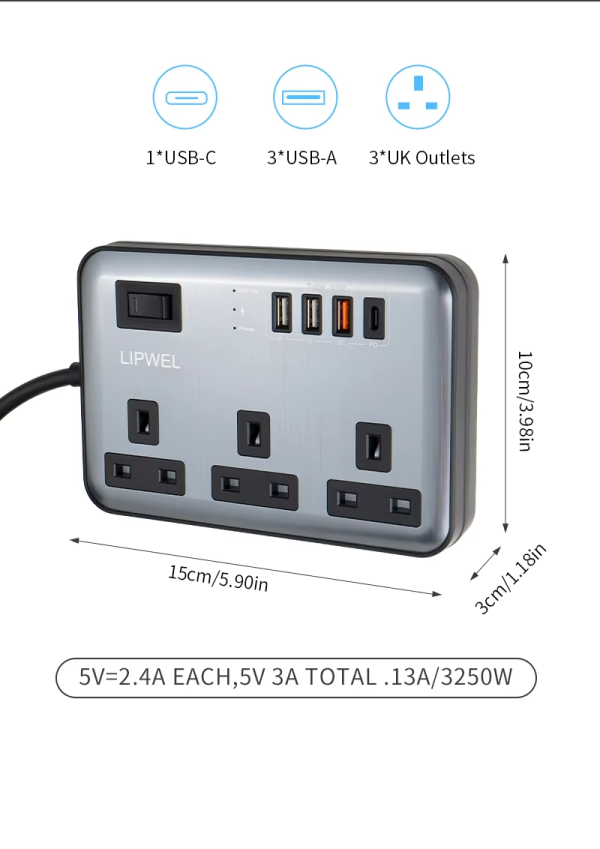 Hot Sale 250V 4 USB Port 3 Way UK Plug Socket Multi Power Strip 4 AC Outlets Surge Protector Extension Socket - 图片 4