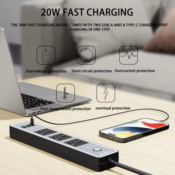 2023 new design wallmount 3 ac outlets and 3 usb charging ports With ambient light power supply strip - 图片 5