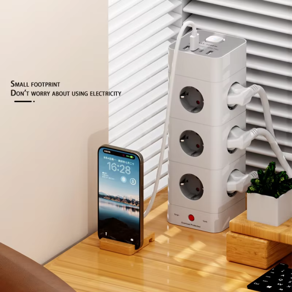 Smart 4 USB Tower Power Strip Surge Protector Vertical Multiple EU Sockets 4 Outlets Extension Cord with 1.8 Meters - 图片 6